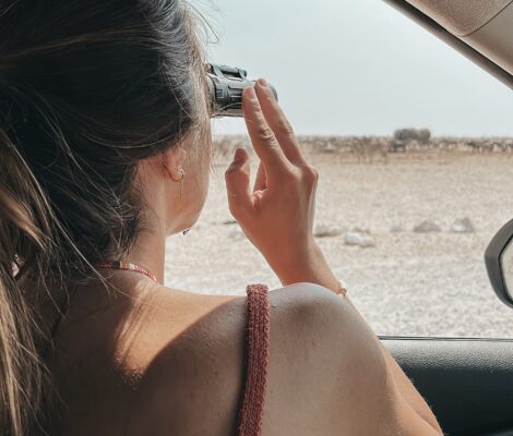 Seguimiento de animales en Etosha con prismáticos