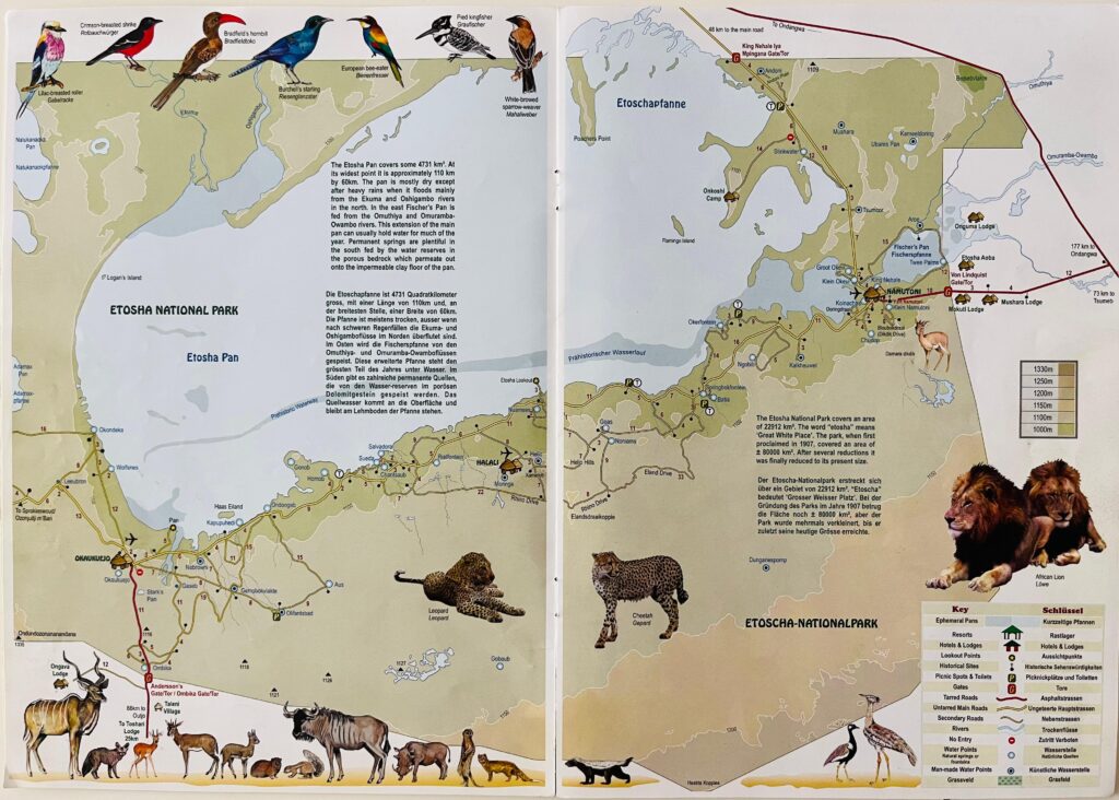 Mapa del Parque Nacional de Etosha donde se indican algunos de los campings y charcas