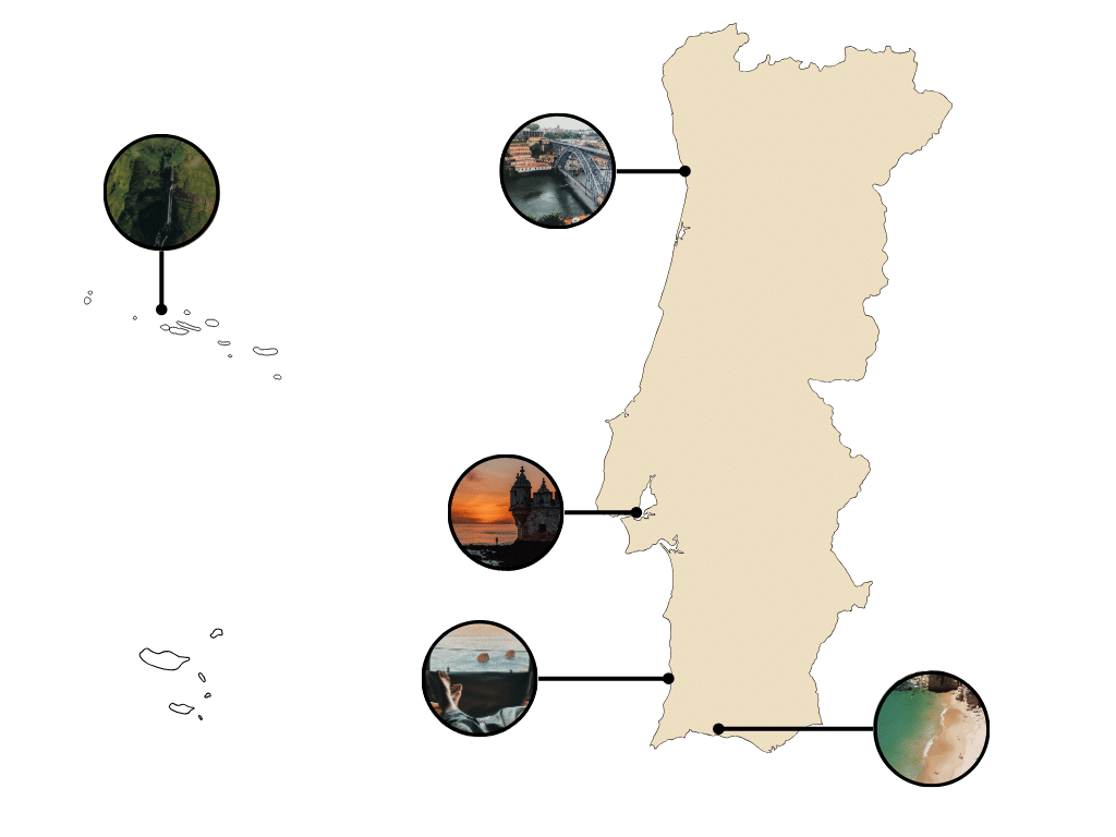 Mapa con ubicaciones de Portugal