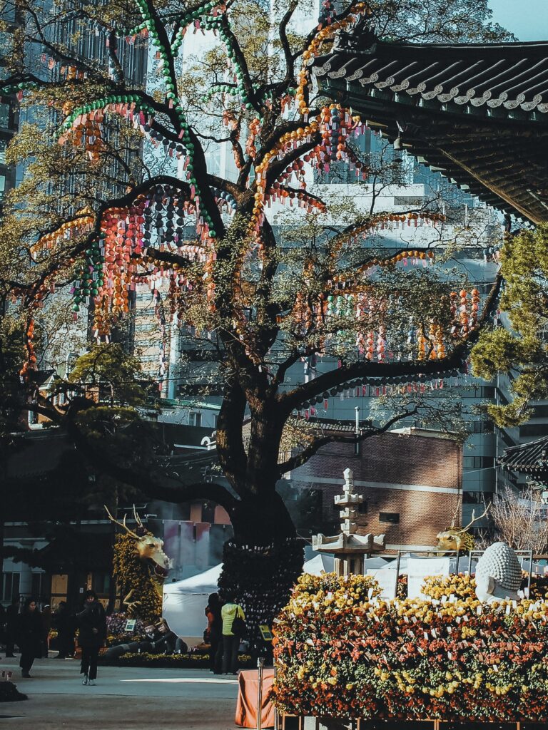 árbol adornado dentro del Templo Budista de Jogyesa